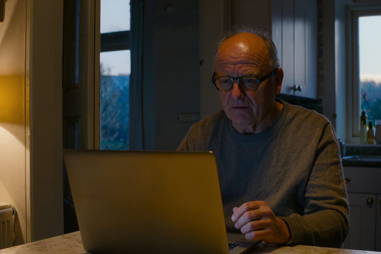 A man in his fifties at a kitchen table in the evening, reading on a laptop.