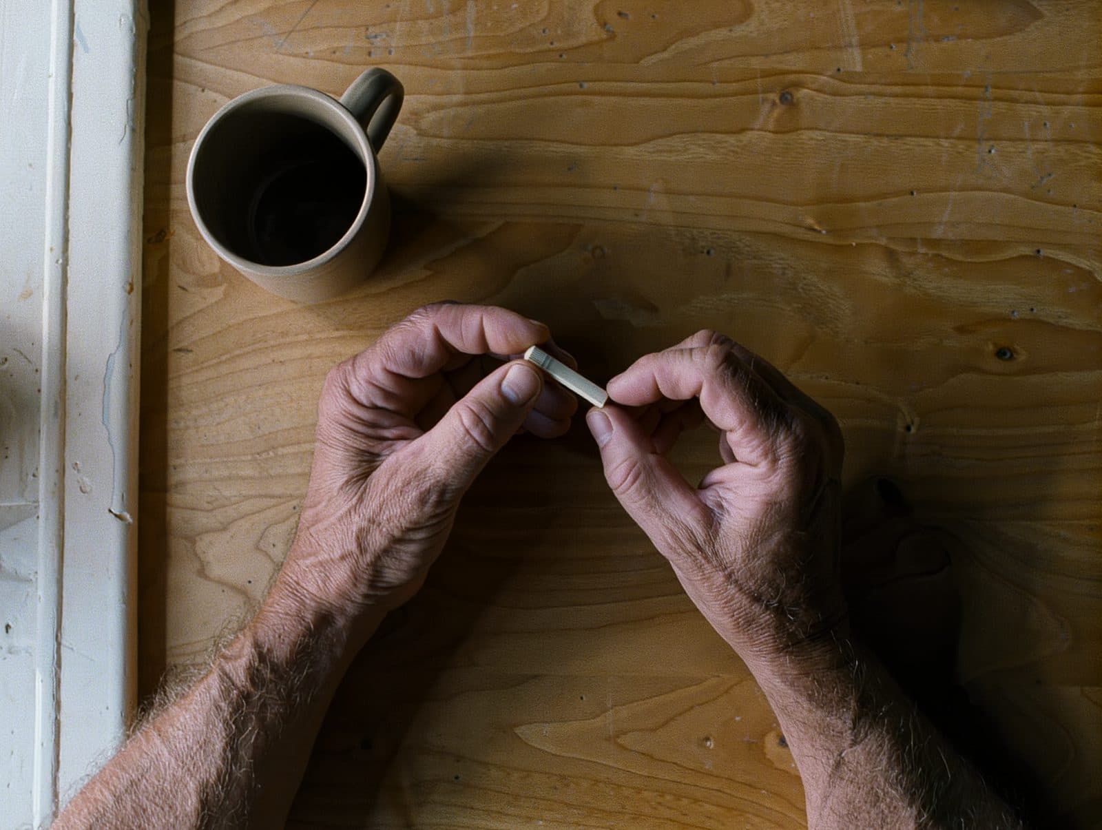 A man's hands at a kitchen table holding a small plain sample collection tube.