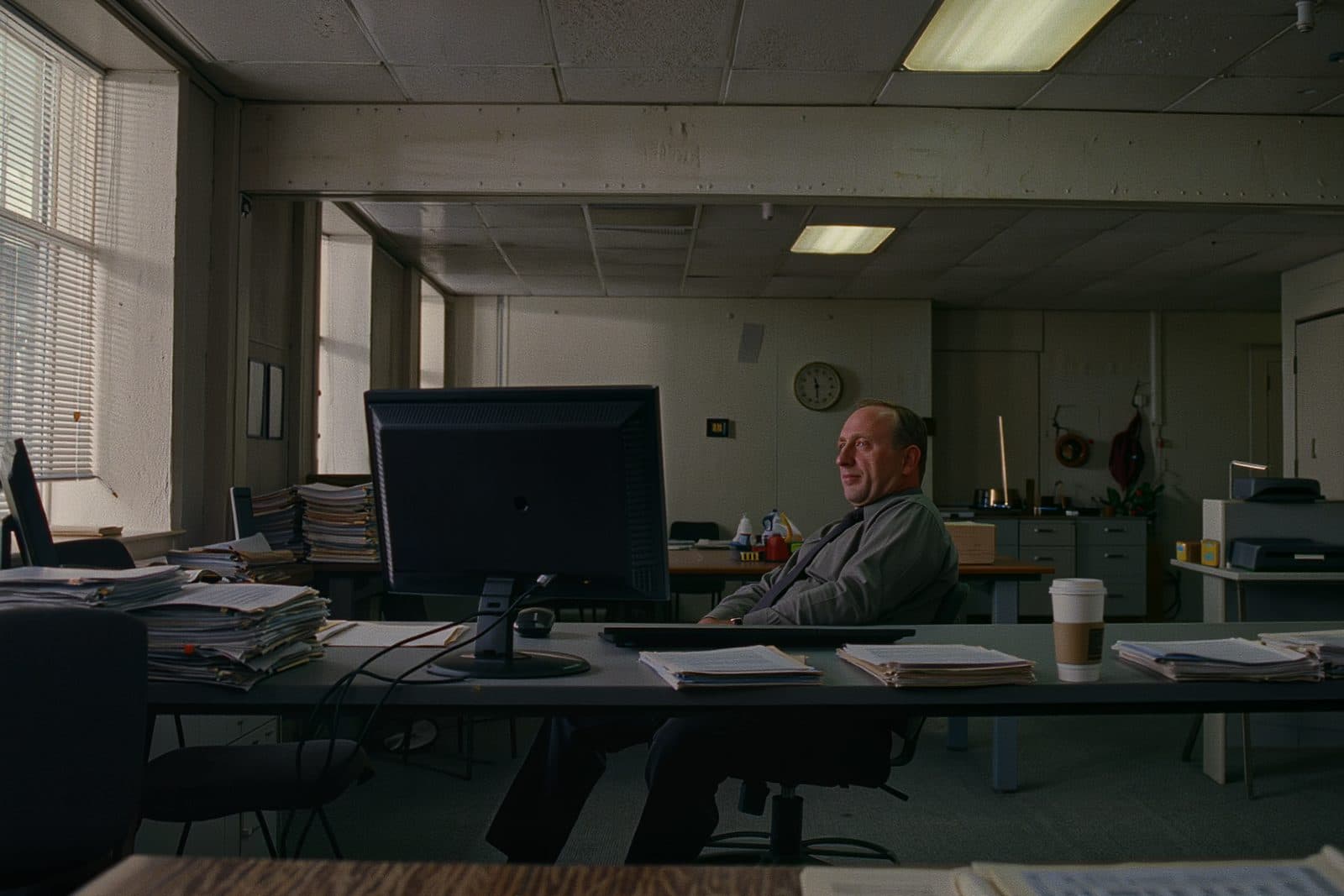 A man in his early fifties at an office desk late in the afternoon, looking away from his monitor towards a window.