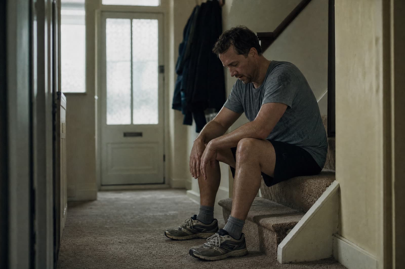 A man in his early forties sitting on the bottom stair of a hallway after a run, still in running kit, catching his breath.
