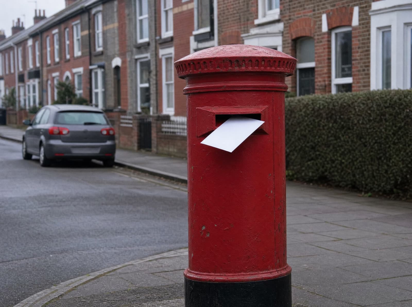 A traditional red pillar-box postbox on an ordinary British residential street early on an overcast morning, with a plain white envelope part-way into the letter slot.
